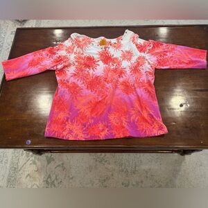 Ruby Rd. Pink and White Floral Top size 1X, beaded short sleeve casual blouse